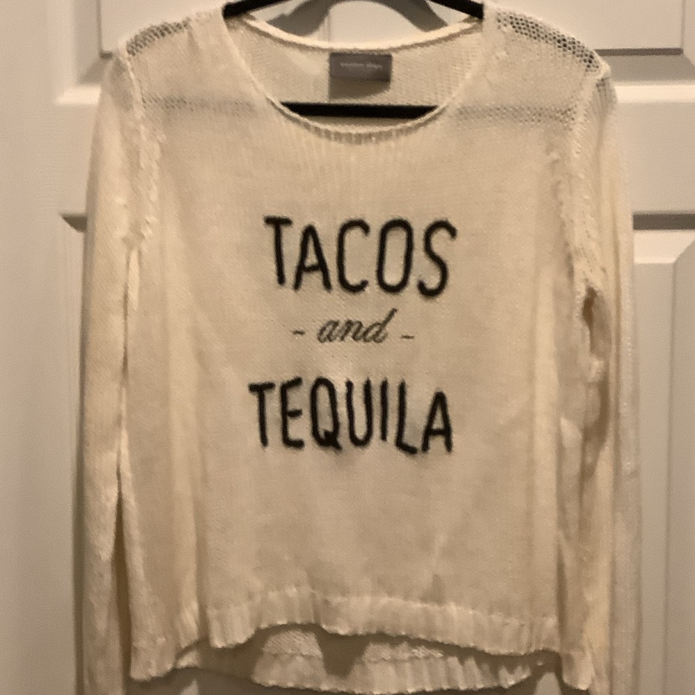 Wooden Ships Cream Crewneck Sweater with Black 'TACOS and TEQUILA' Graphic